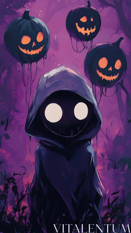 Hooded shadow spirit under drifting jack o&rsquo;lantern moons.