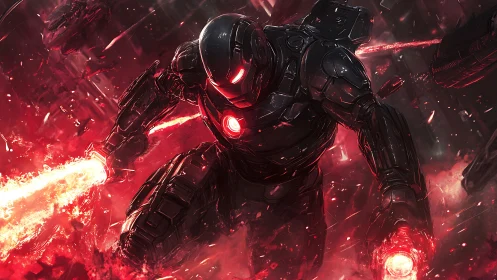 Armored combat exosuit in red-lit urban battlefield charge