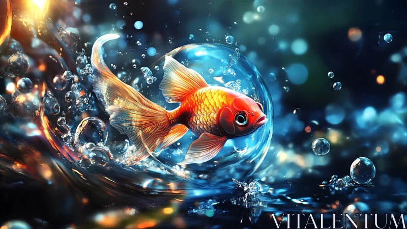 Goldfish suspended in dynamic water sphere environment.