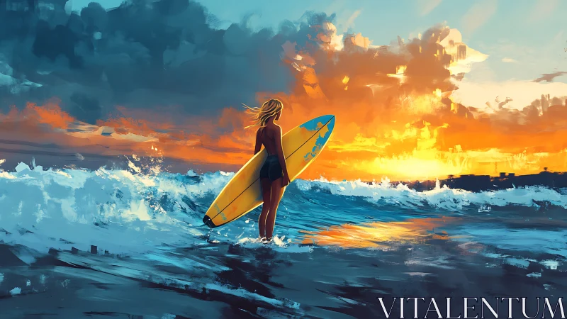 Sunset surf observer in dynamically brushed ocean environment.