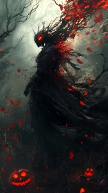 Nocturnal wraith silhouette with infernal embers in motion.
