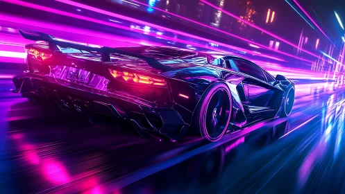 Neon supercar slices cyberpunk highway in electric motion.