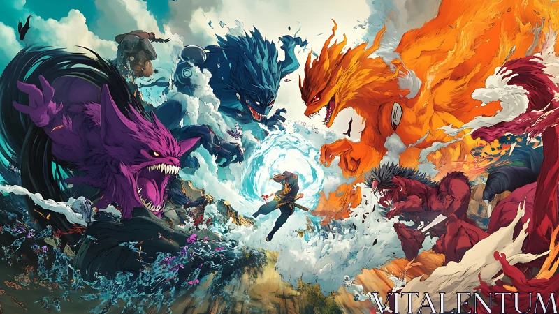 Nine-tailed titans collide as a lone ninja bends raging storms
