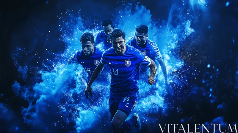 Dynamic blue football squad in explosive motion blur clouds