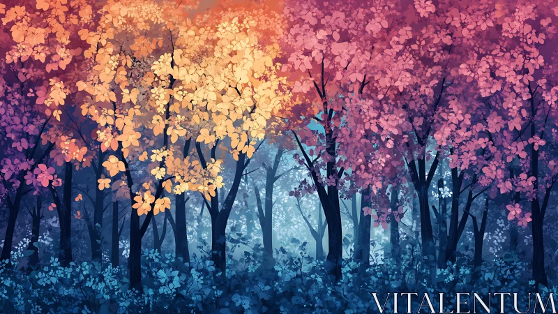 Digital forest scene shows multicolored foliage in layers