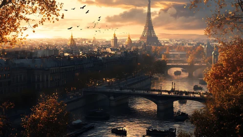 Golden autumn evening along the Seine beneath Eiffel skies.