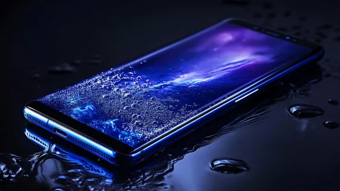 Premium smartphone with water resistance displayed on dark surface.