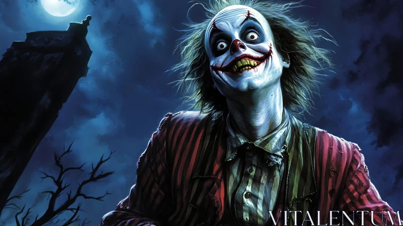 Sinister grinning clown under moonlit storm sky at night.