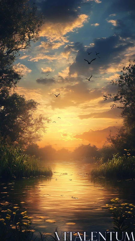 Golden river sunset under dramatic clouds and birds in flight.