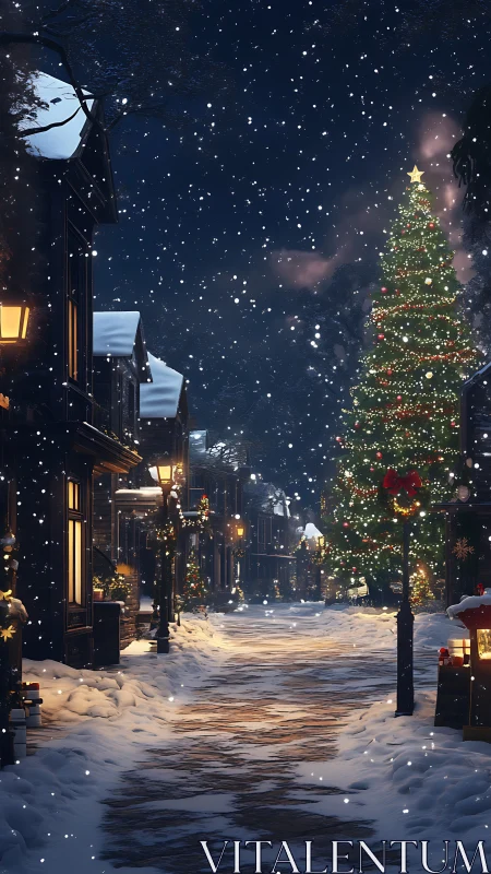 Digital painting of snowlit Christmas street with tree focus.