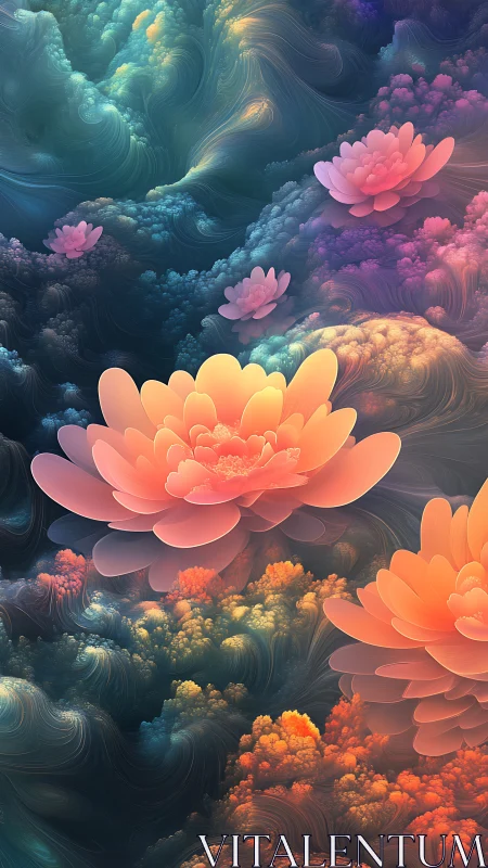 Celestial lotus blooms drifting across swirling nebula seas.