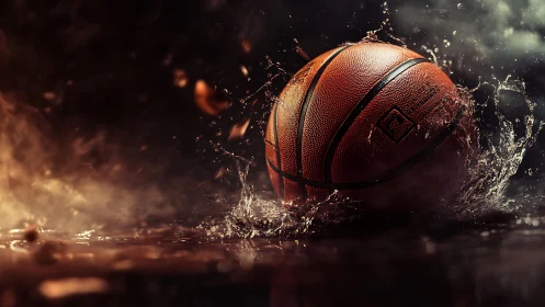 Basketball impacts shallow water surface under low key light