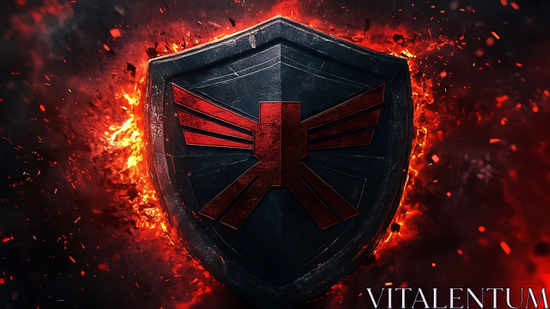 3D forged shield emblem amid incinerated lava field composition.