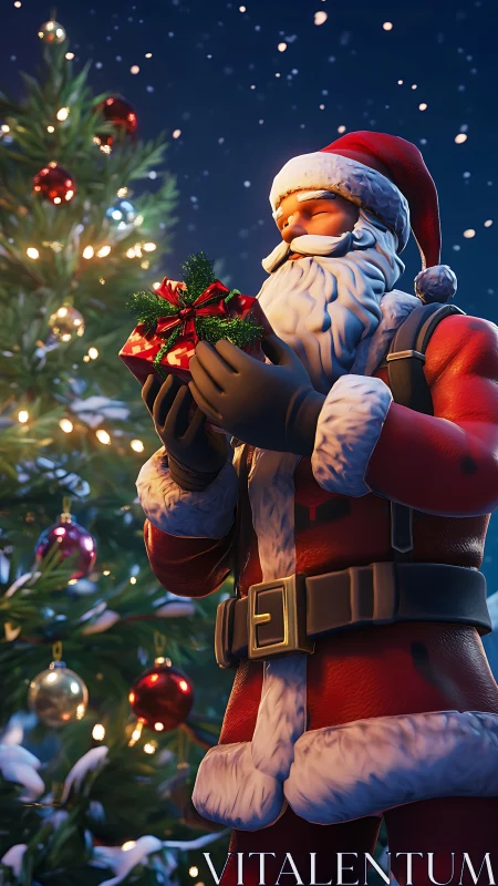 Stylized 3D Santa holding wrapped gift by lit Christmas tree