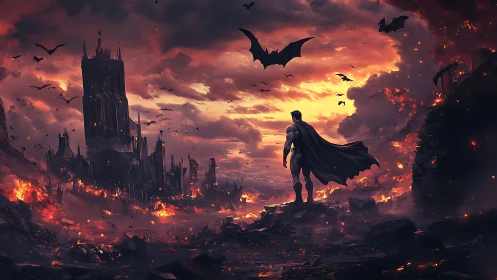 Caped figure surveys burning gothic city under dense clouds