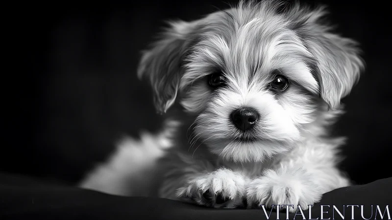 High-contrast monochrome portrait isolates fluffy puppy gaze