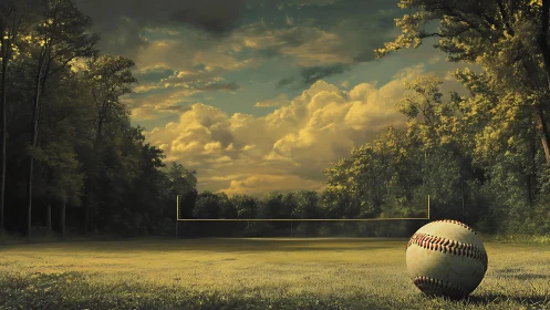 Baseball lies on quiet field under dramatic cloudy sky.