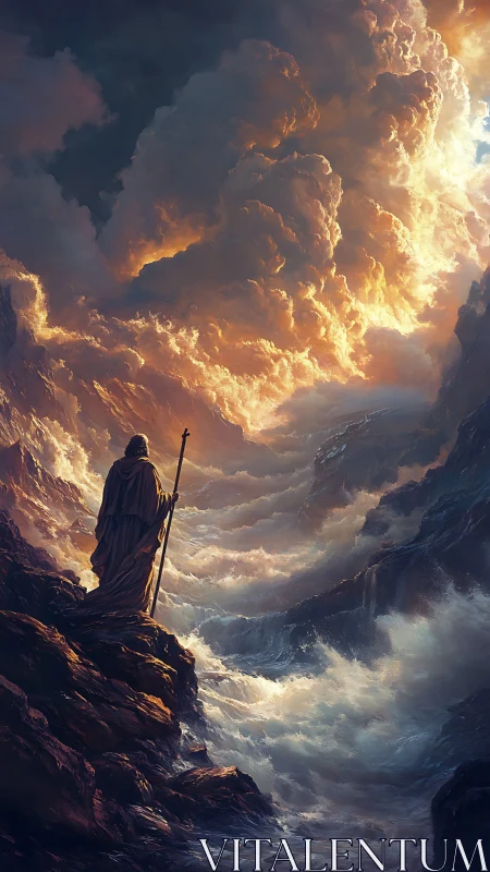 Prophet stands before storm-split sea under blazing clouds
