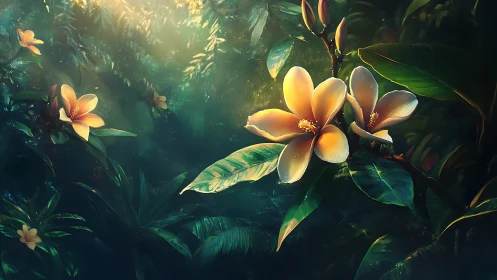 Illuminated Tropical Flowers in Verdant Foliage Setting