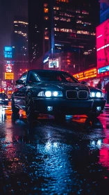 Neon-soaked BMW prowls through rainlit cyber city streets.
