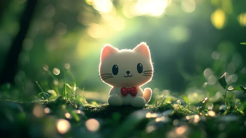 Illuminated ceramic feline character positioned in moss-laden natural setting.