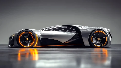 Neon-wheel silver hypercar humming on mirror-slick floor.