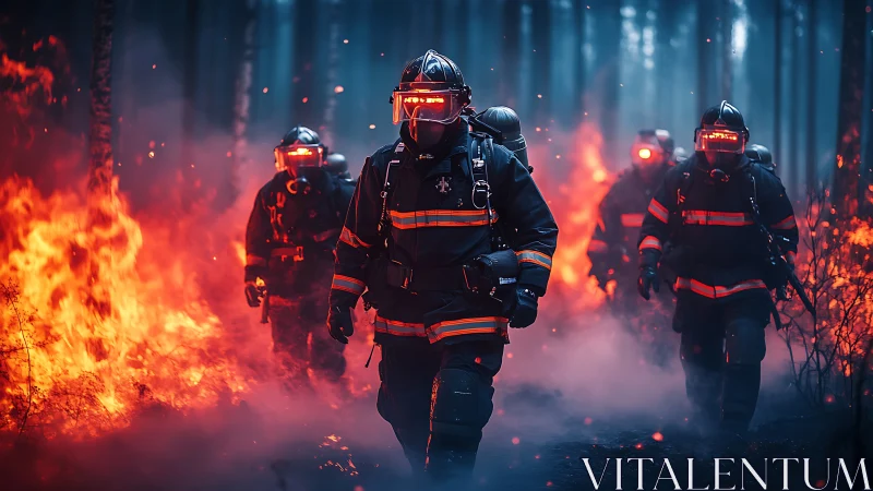 Firefighters advance through inferno with neon-lit tactical gear.