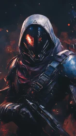 Armored hooded sci fi warrior with glowing red visor.