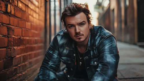 Man in denim jacket sits in narrow brick alleyway at dusk