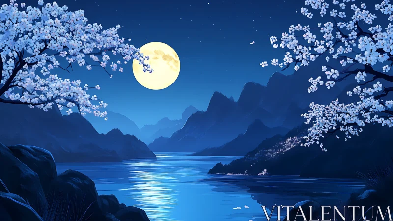 Lunar-reflective mountain lake with cherry blossoms in bloom.