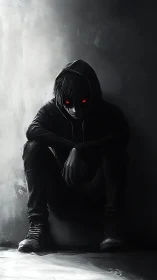 Hooded figure with glowing red eyes sits in chiaroscuro shadow