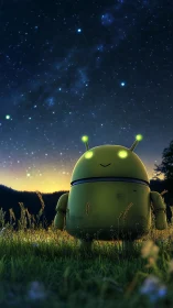 Green robot explores twilight meadow under starry sky.