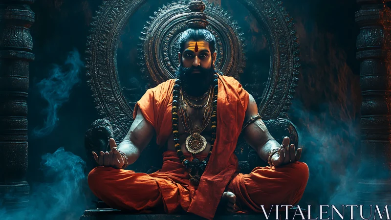 Mystic guru meditates in glowing temple haze of power