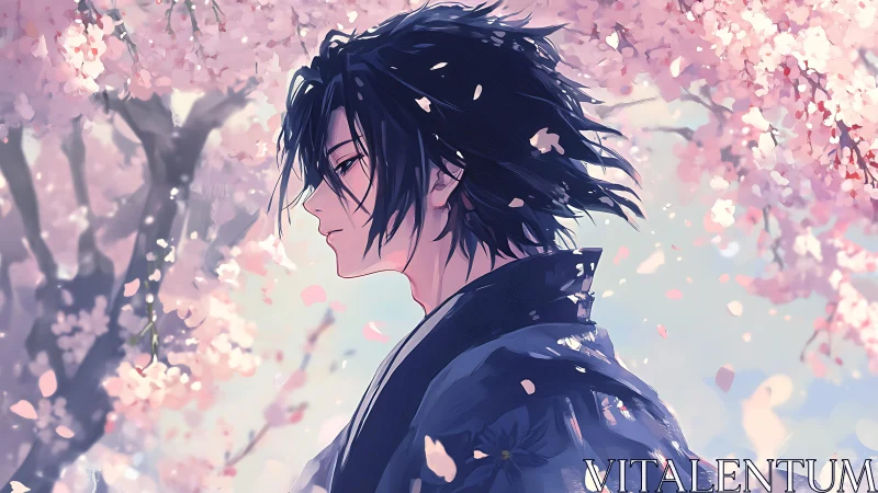 Melancholic anime boy under soft pink cherry blossoms.