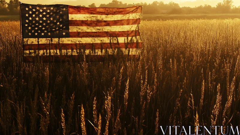 American flag glowing gently above a golden wheat field.
