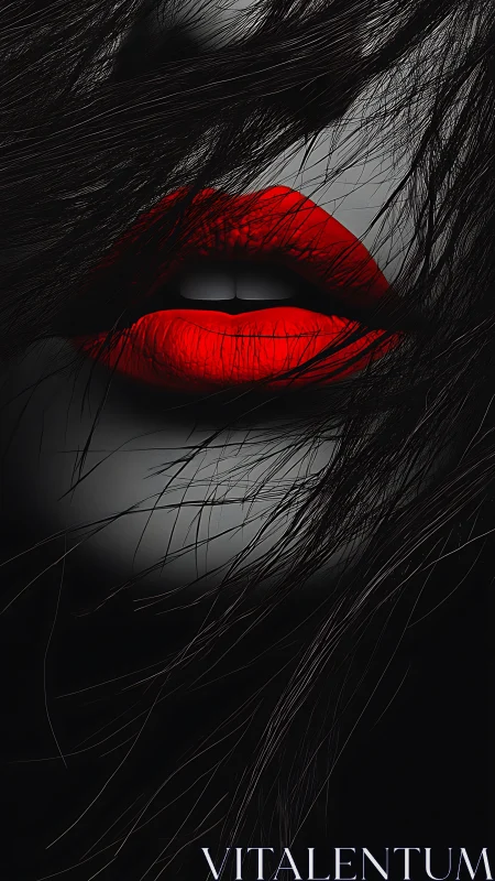 Velvet red lips glowing softly through dark tangled hair.