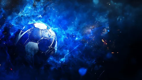 Glowing soccer ball bursts through swirling blue cosmic smoke