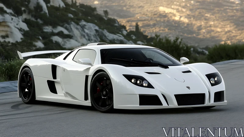 White supercar hugs mountain road under soft sunset light