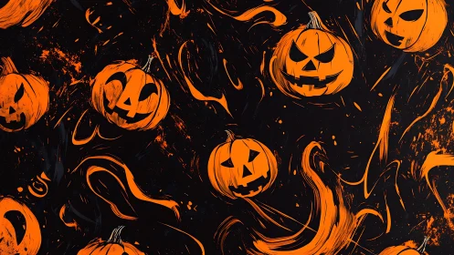 Grinning jack o&rsquo;lantern riot swirling through inky night.