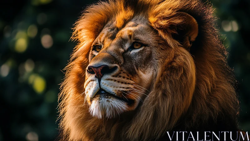 Sunlit lion monarch brooding beneath a forest hush.