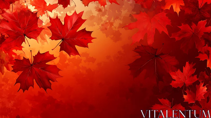 Red maple leaves scattered on warm orange gradient background.