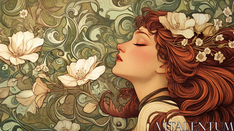 Art Nouveau portrait with flowing red hair and lilies.