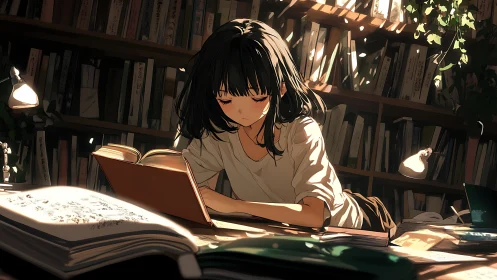 Midnight library daydream with a quietly fierce reader.