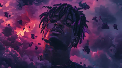 Neon-lit digital portrait in cosmic magenta storm cloudscape