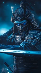 Cybernetic samurai warrior with luminous eyes in dynamic sword stance