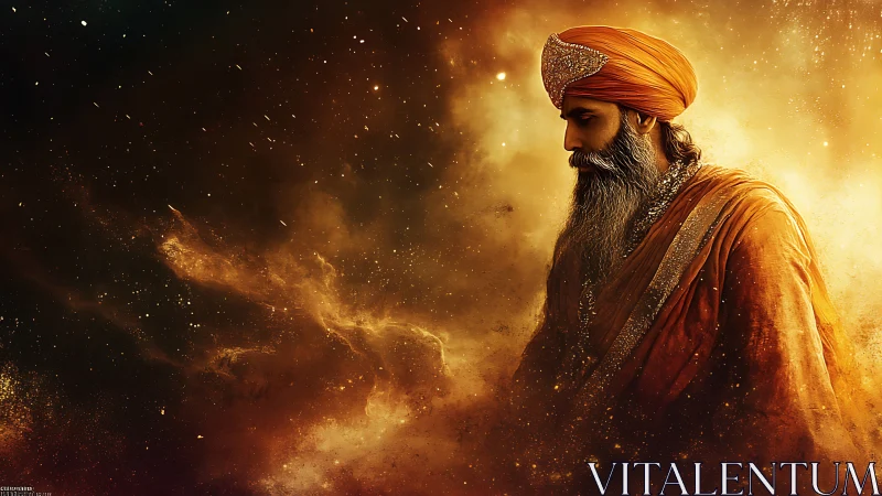 Mystic elder in golden nebula cloak contemplates silently.