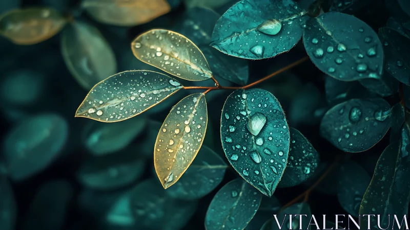 Rain-kissed teal leaves glow softly in lush evening light.