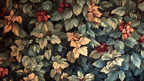 Lush vintage foliage pattern bathes the scene in muted color.