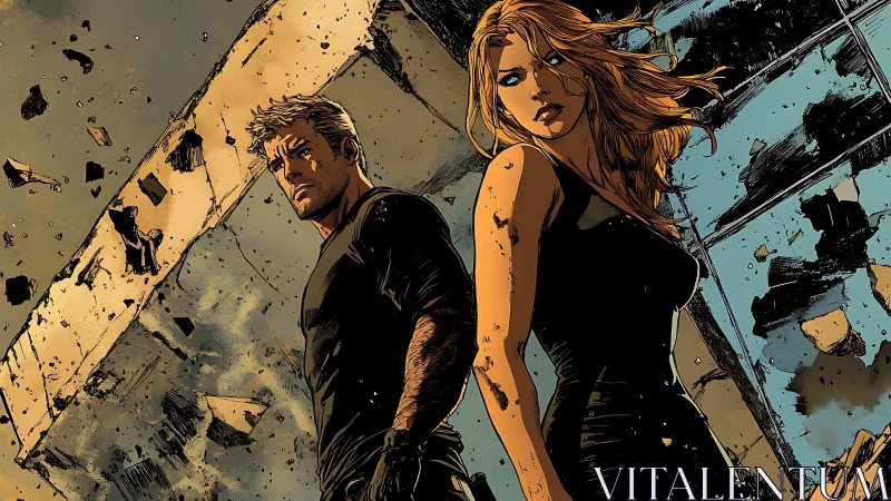 Two determined heroes stand amid collapsing concrete ruins.