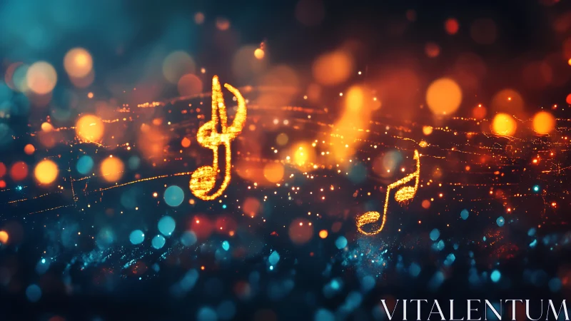Glowing musical notes over abstract bokeh soundscape.